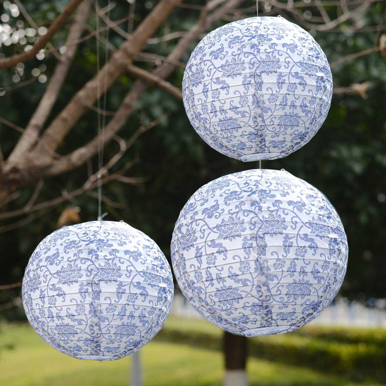 Set of 8 White Light Blue Hanging Paper Lanterns in French Toile Floral Pattern, Chinese Festival Lanterns - 6