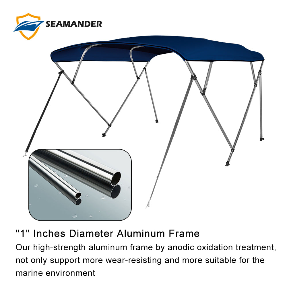 Seamander 4 Bow Bimini Top Boat Cover with Rear Support Pole and Storage Boot， Navy Blue