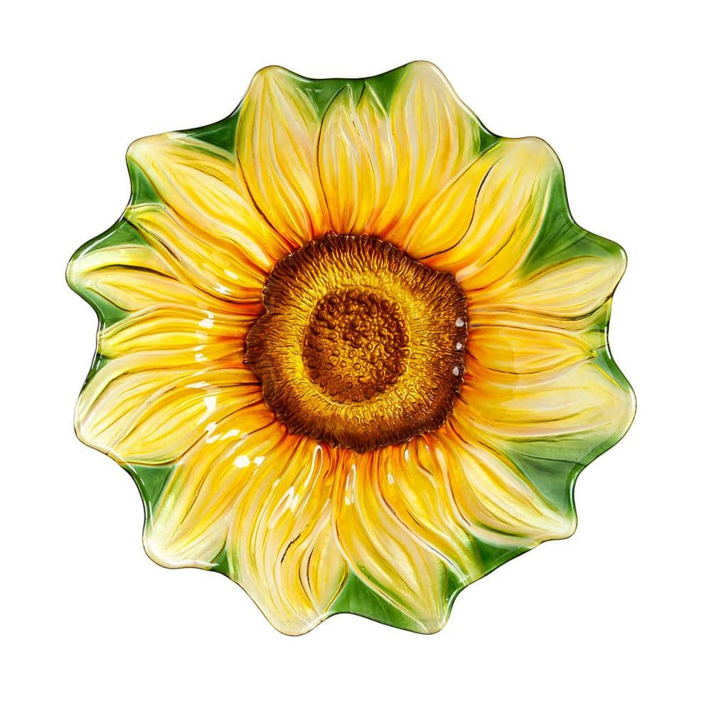 Evergreen 18 in. Sunflower Hand Painted and Embossed Shaped Glass Bird Bath 2GB7019