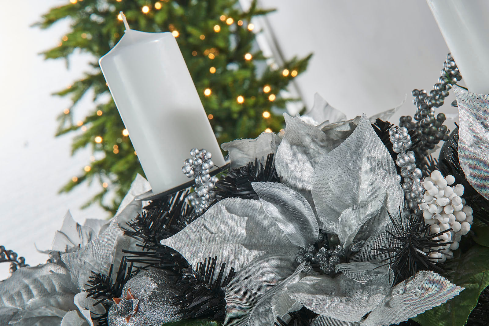 3 Pillar Decorated Candle Holder, Black/Silver, 76 cm