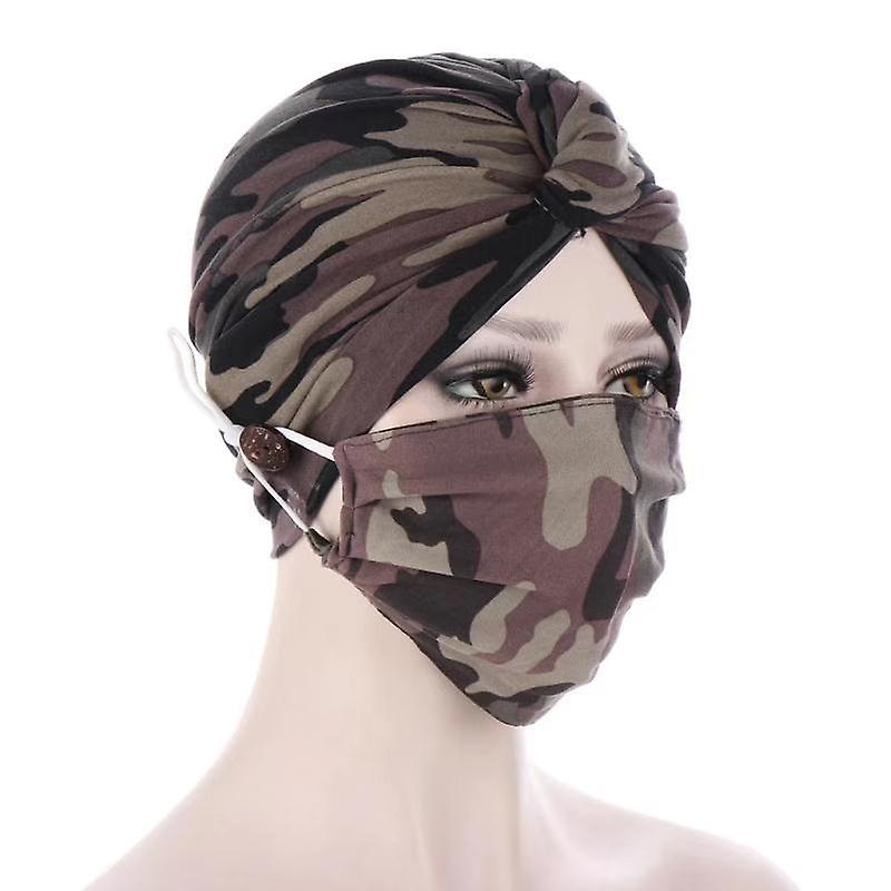 Women- Turban Head Wrap Hat With Mask Button Scarf