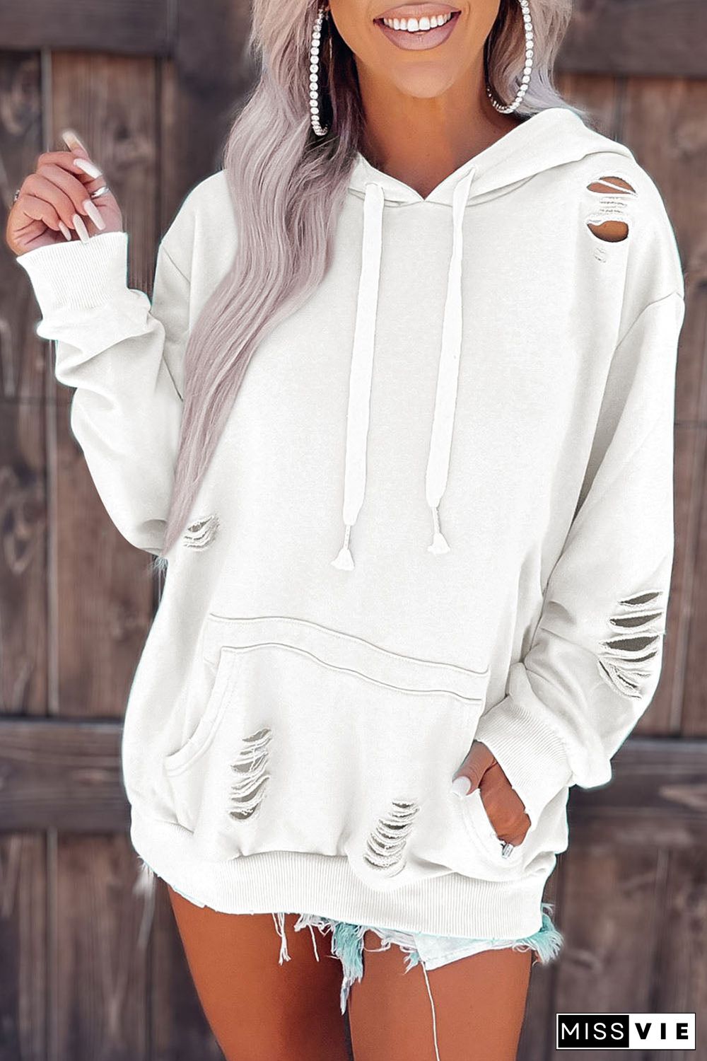 Solid Ripped Hooded Sweatshirt With Kangaroo Pocket