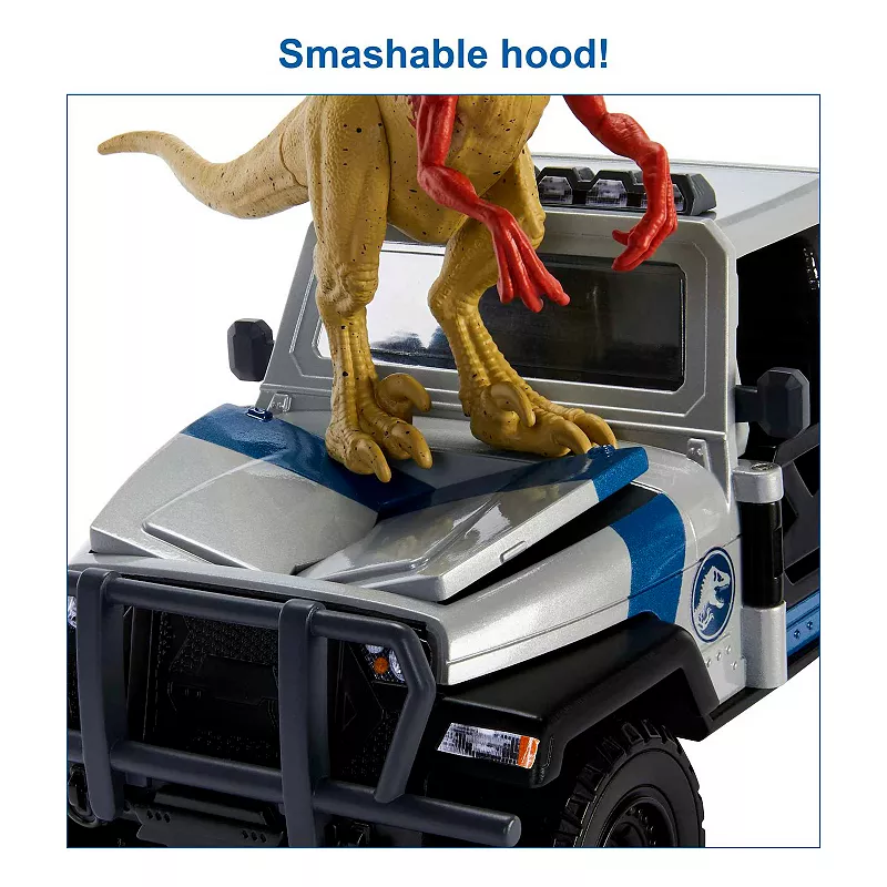 Mattel Jurassic World Smashable Truck With Atrociraptor Dinosaur and Human Figures