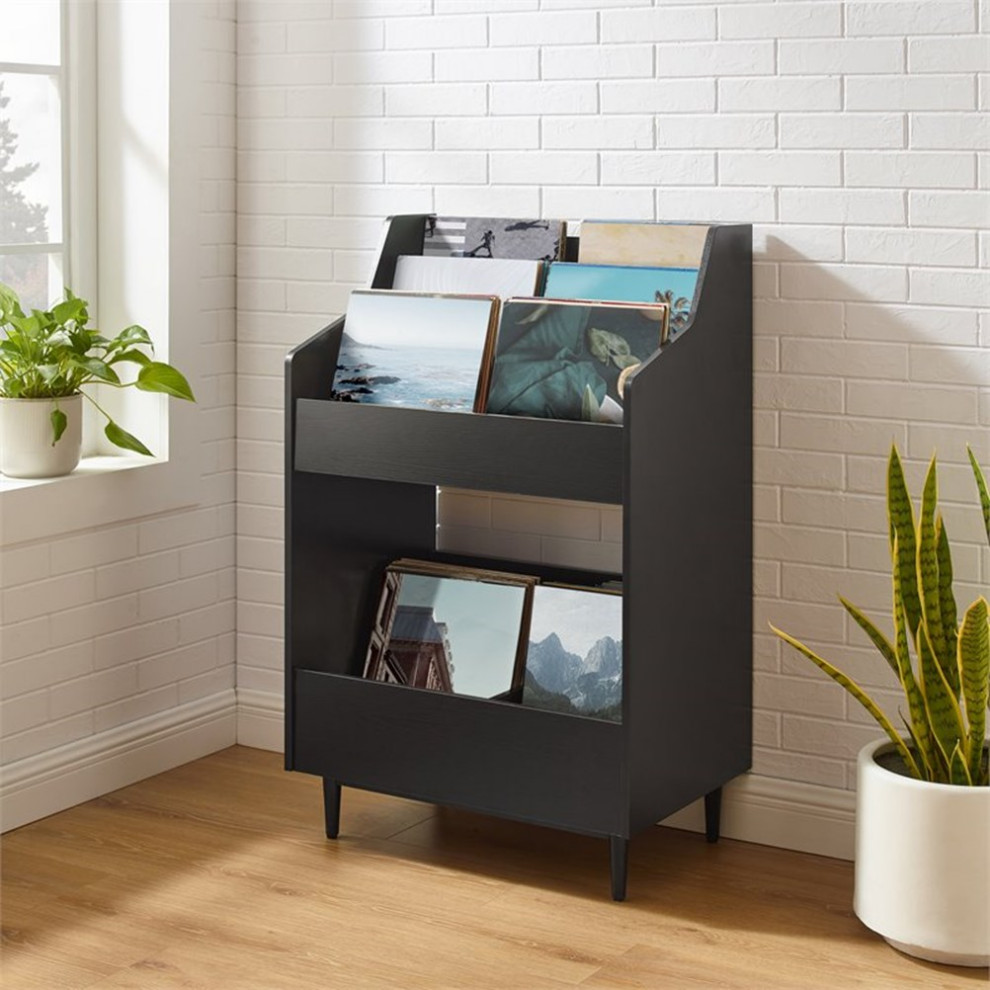 Crosley Furniture Liam 2 Shelf Mid Century Wood Storage Stand in Black   Midcentury   Media Cabinets   by Pot Racks Plus  Houzz