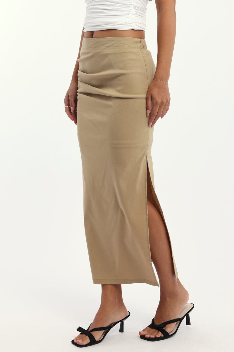 Beige Gathered Midi Skirt High Rise Bengaline Split