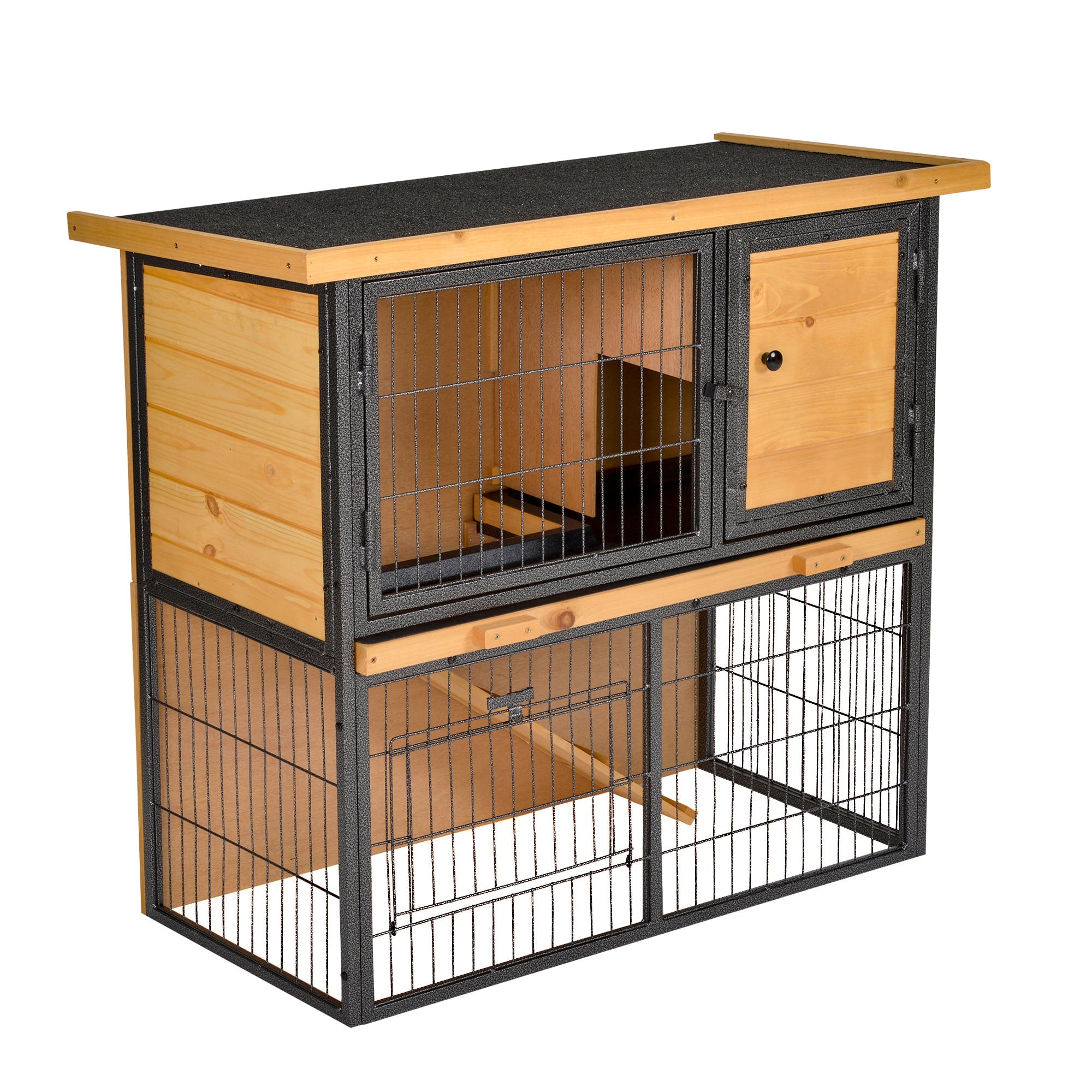 Pawhut Wood-metal Rabbit Hutch Elevated Pet House Bunny Cage Small Animal Habitat with Slide-out Tray Asphalt Openable Roof Lockable Door for Outdoor 35