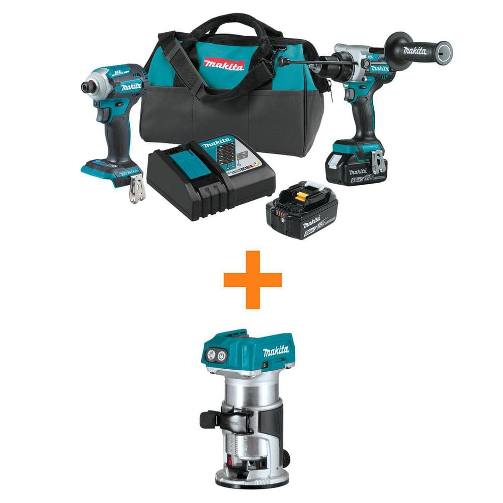 Makita 18V LXT Lithium-Ion Brushless Cordless Combo Kit 5.0 Ah (2Pc) with bonus 18V LXT Brushless Variable Speed Compact Router XT288T-XTR01Z