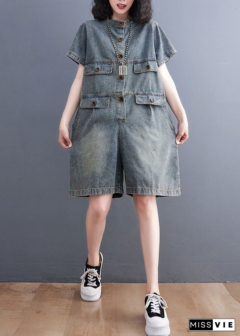 Plus Size Denim Blue O-Neck Patchwork Button Jumpsuits Short Sleeve