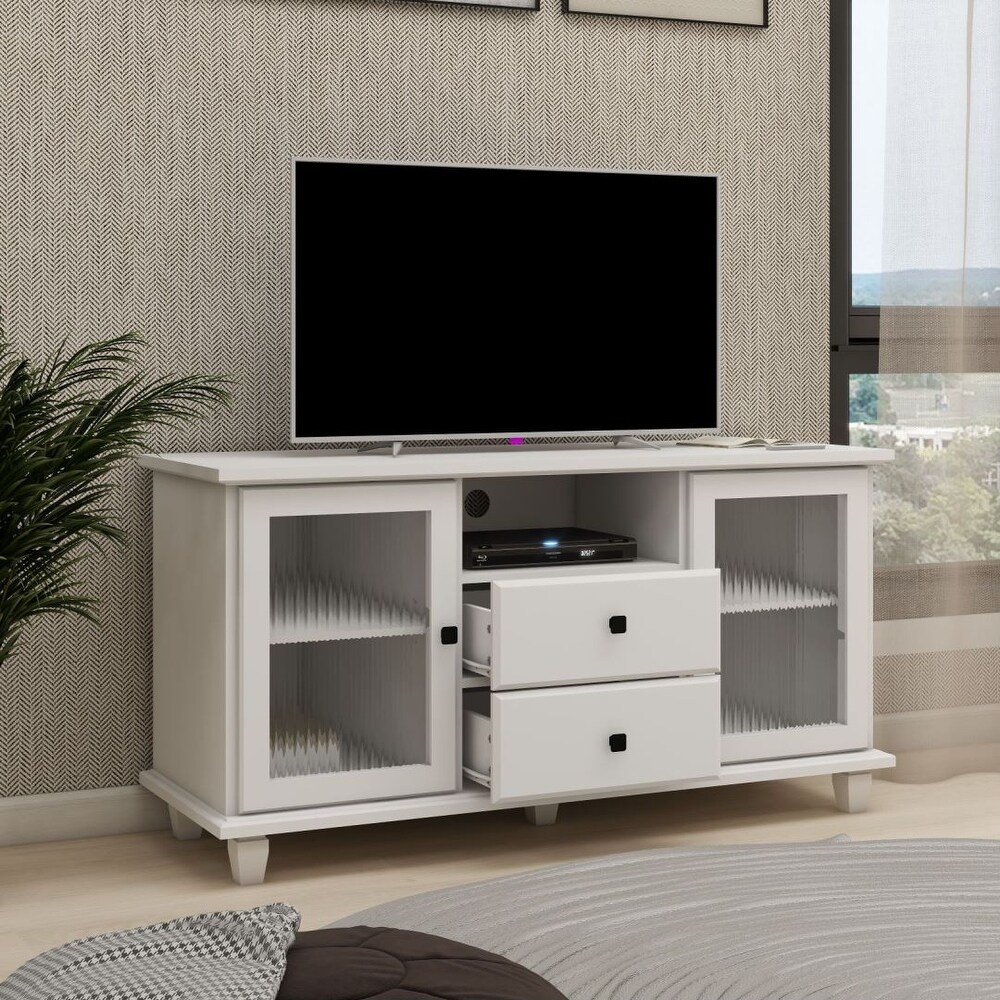 White 3 Layers Side Cabinet TV Stand 2 Glass Door 2 Drawer Storage