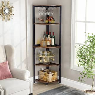 BYBLIGHT Eulas 63 in. Brown 5-Tier Corner Shelf Tall Corner Bookshelf Small Bookcase with Wine Glass Holder BB-JW0249XF