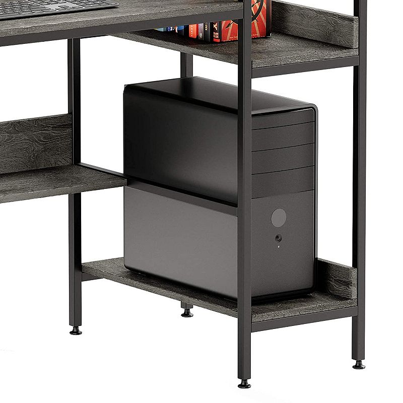 Bestier Computer Office Desk Workstation with Side Storage Shelves and Hook， Grey