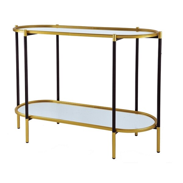 30 Inch Console Sideboard Table， Oblong， Mirrored Top， Black， Gold