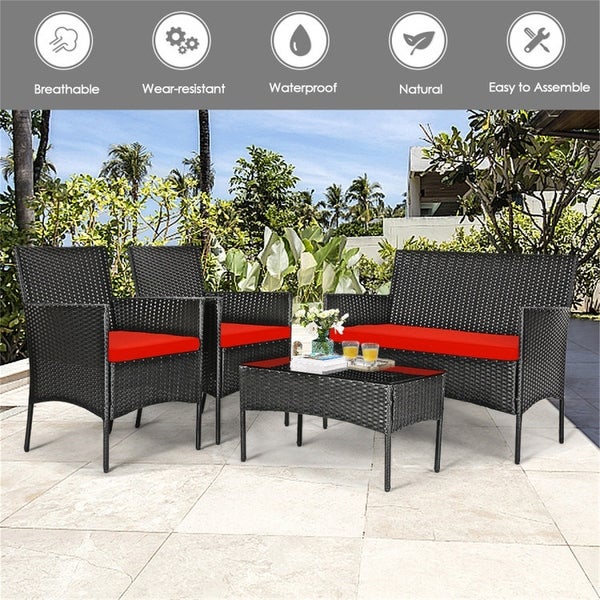 4 Pieces Patio Rattan Cushioned Sofa Set with Tempered Glass Table - Overstock - 37909382