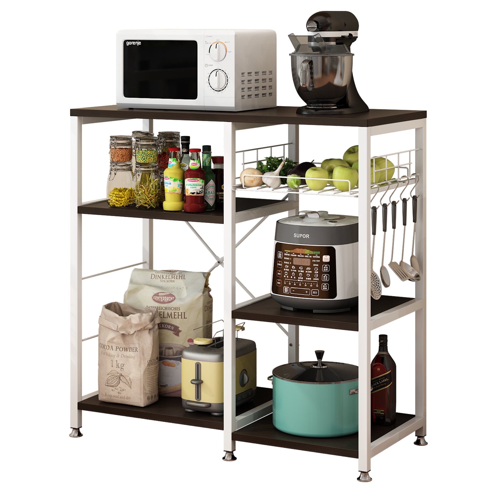 UbesGoo 4-Layer Kitchen Microwave Oven Stand Baker's Rack Storage Shelf Organizer with Basket and Hooks， Dark Brown