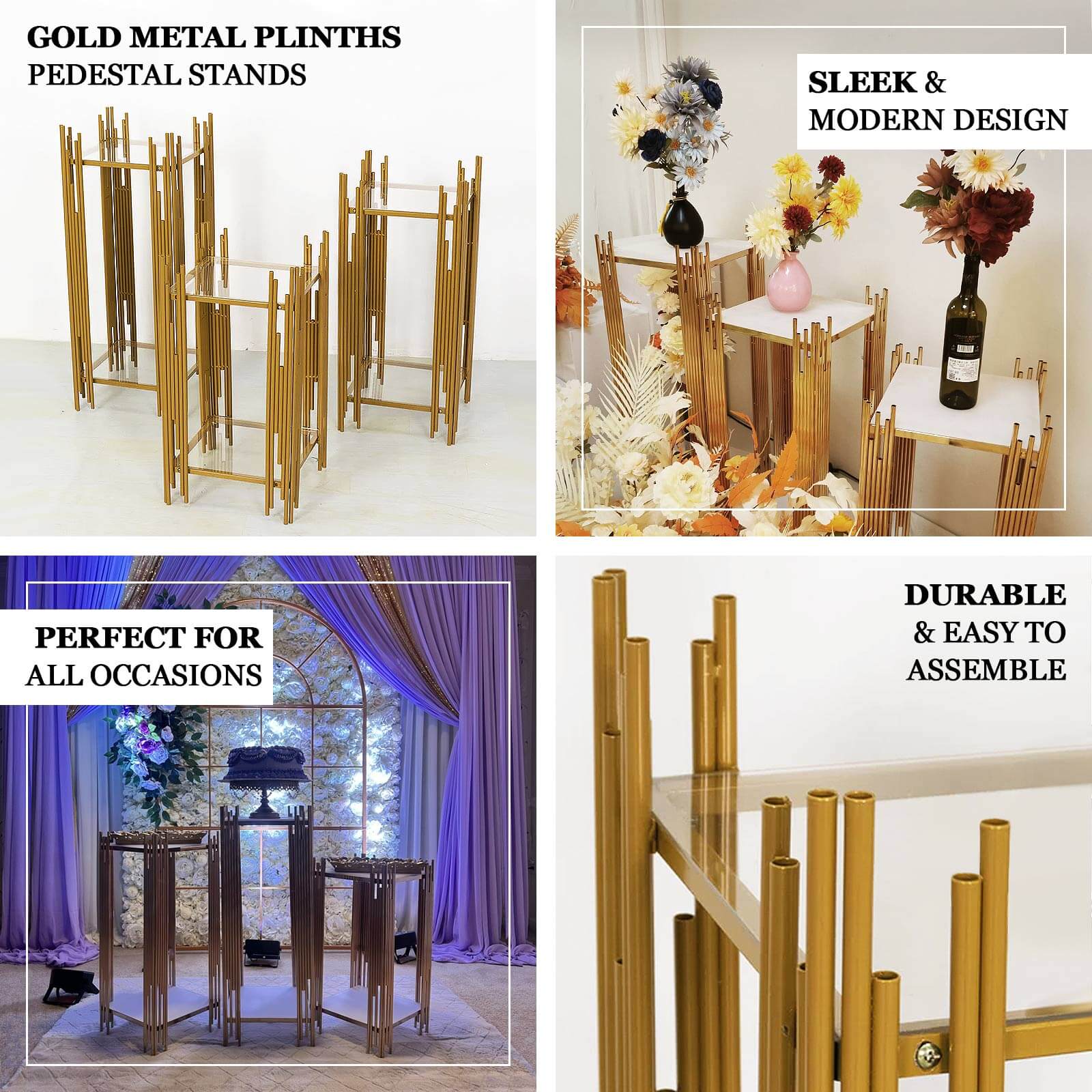 Set of 3 Gold Metal Plinths Flower Display Stands With Square Acrylic Plates, Wedding Cake Table Pedestal Stands - 26