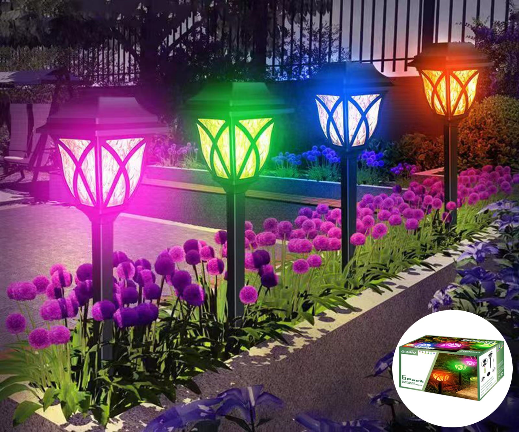 SOWAZ Solar RGB Color Changing Pathway Garden Lawn Patio Lights - Pack of 6