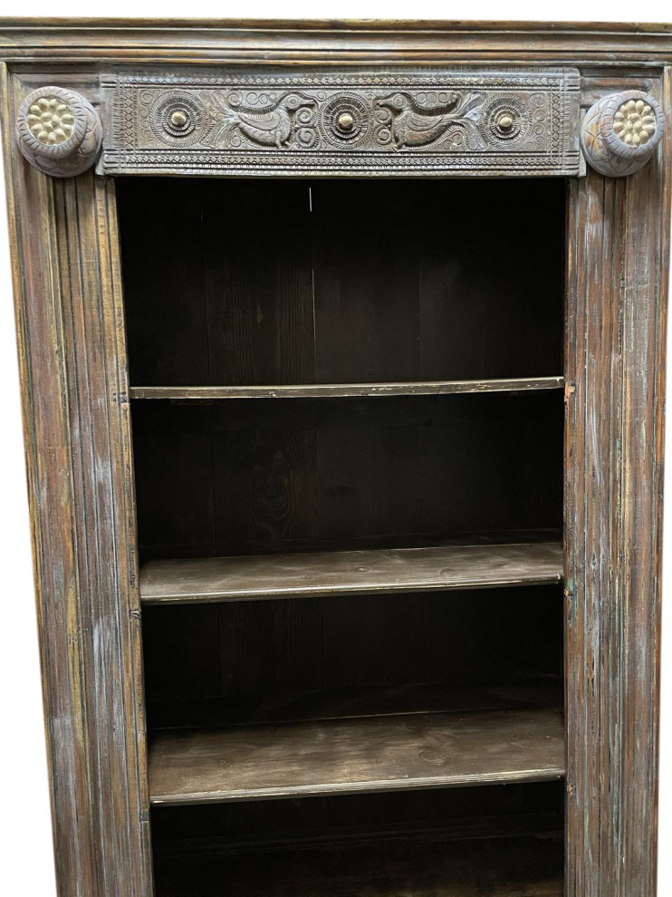 Consigned Rustic Blue Bookcase  Cowrie Shells Carved Wood Vintage Tall Bookshelf   French Country   Bookcases   by Mogul Interior  Houzz