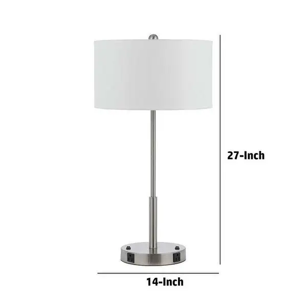 27 Inch Modern Table Lamp with Round Drum Shade， 2 Outlets， White， Chrome - 14L x 14W x 27H， in inches