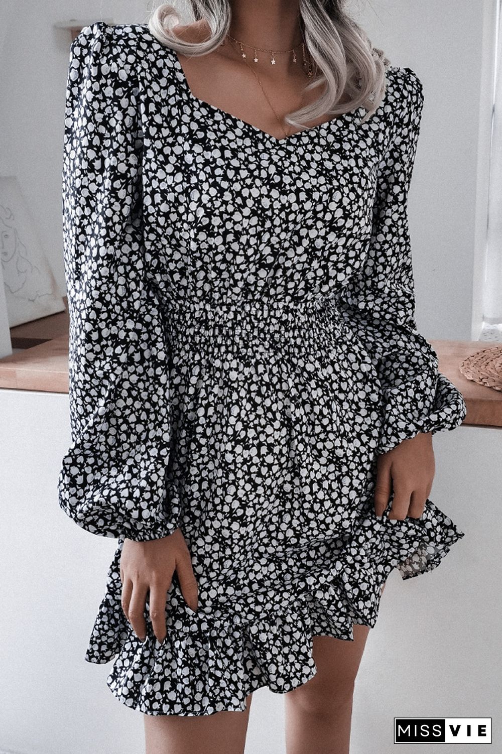 Floral Chiffon Ruffle Lantern Sleeve Dress