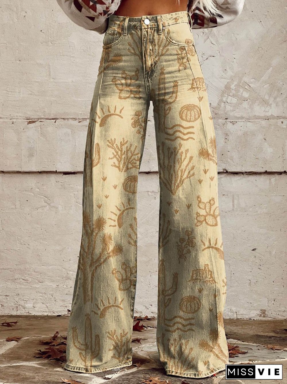 Women's Yellow Western Print Casual Wide Leg Pants