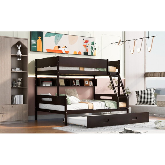 Wood Twin over Full Bunk Bed with Storage Shelves ...