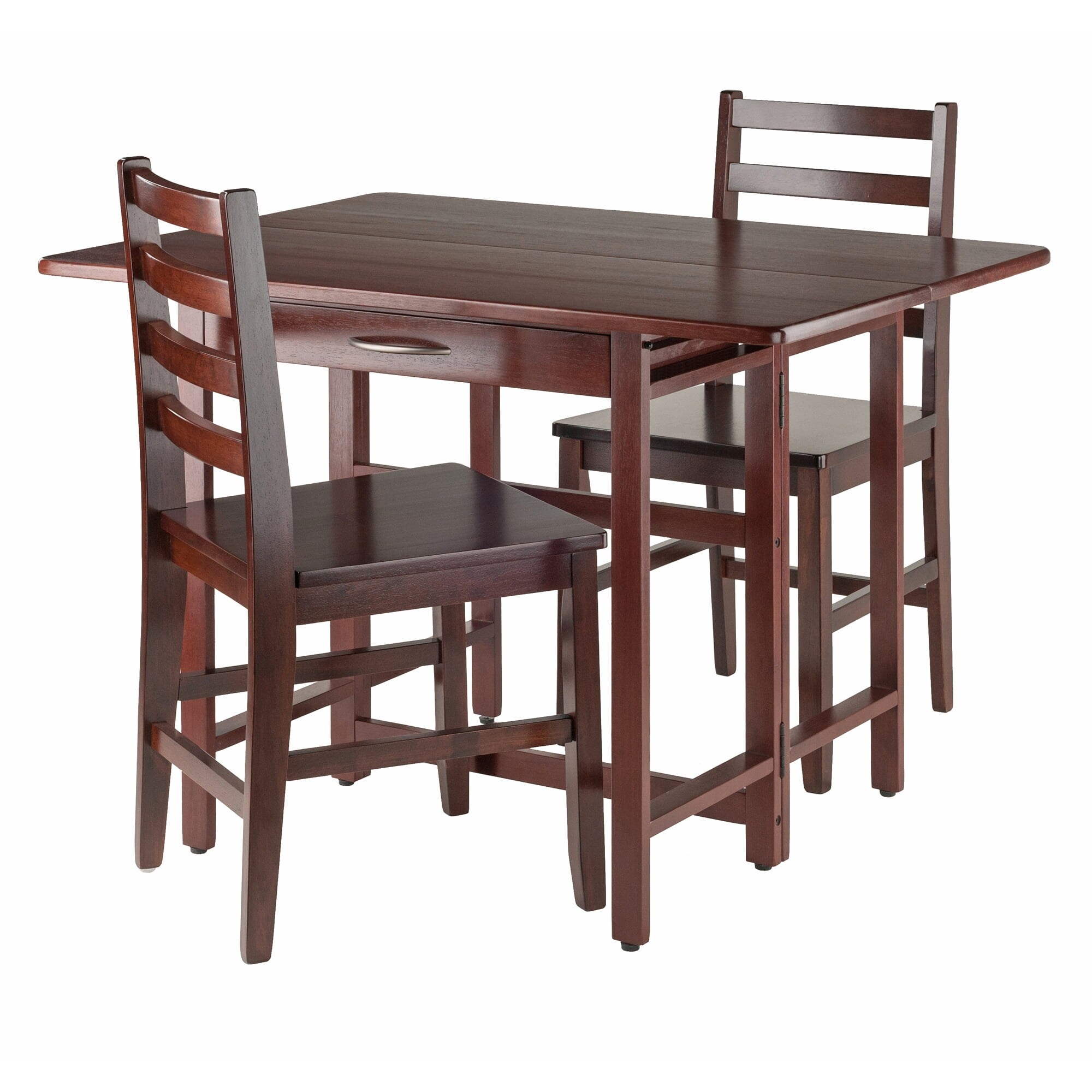 Wood Taylor 3-Pc Drop Leaf Dining Table with 2 Ladder Back Chairs， Walnut