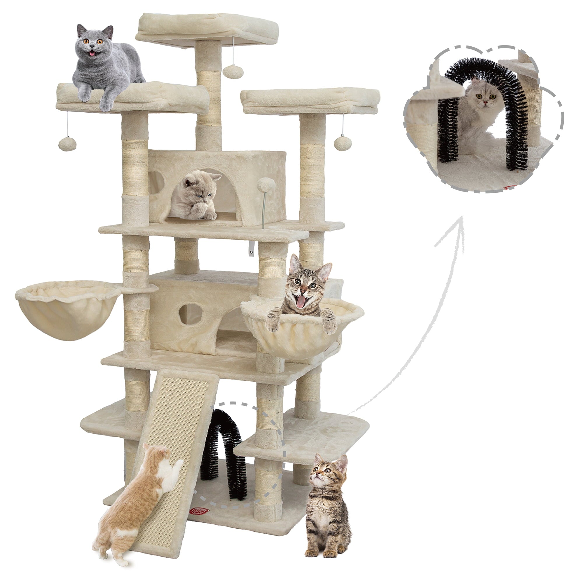 68 Inches Multi-Level Cat Tree Large,Big Cat Tower with Sisal Scratching Posts,Grooming Arch,Cozy Plush Cat Perches and Hammocks,Cat Activity Center Cat Condo Play House (Beige)