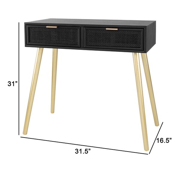 Pia 32 Inch Wood Console Table， 2 Drawers， Woven Rattan Design， Black， Gold