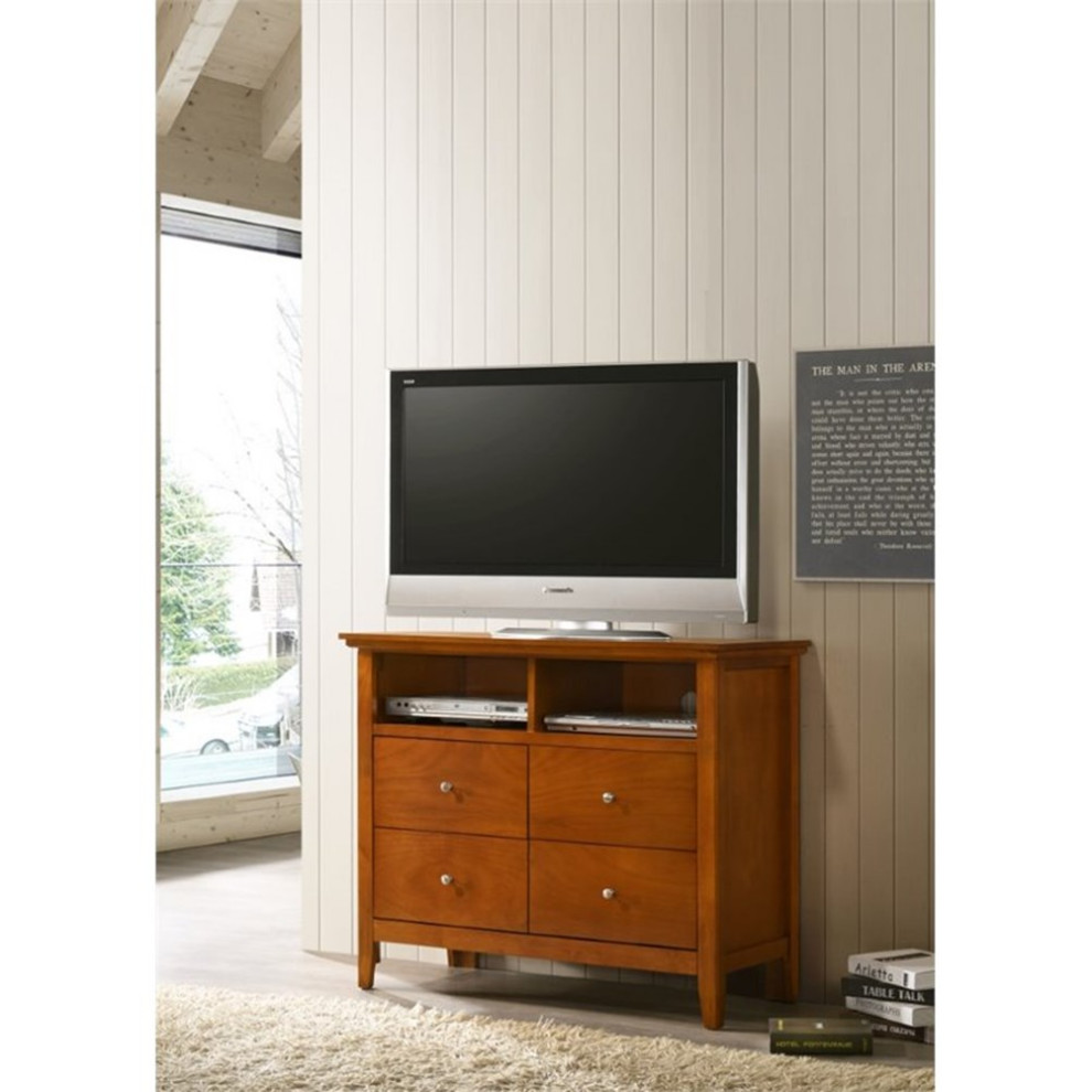 Maklaine Traditional styled Wood 4 Drawer TV Stand in Oak Finish   Transitional   Entertainment Centers And Tv Stands   by Homesquare  Houzz