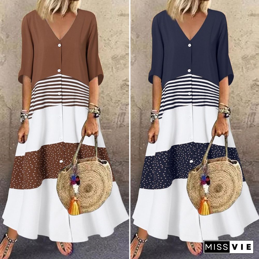 Women V Neck Casual Holiday Long Shirt Dress Bohemian Patchwork Summer Kaftan Maxi Sundress