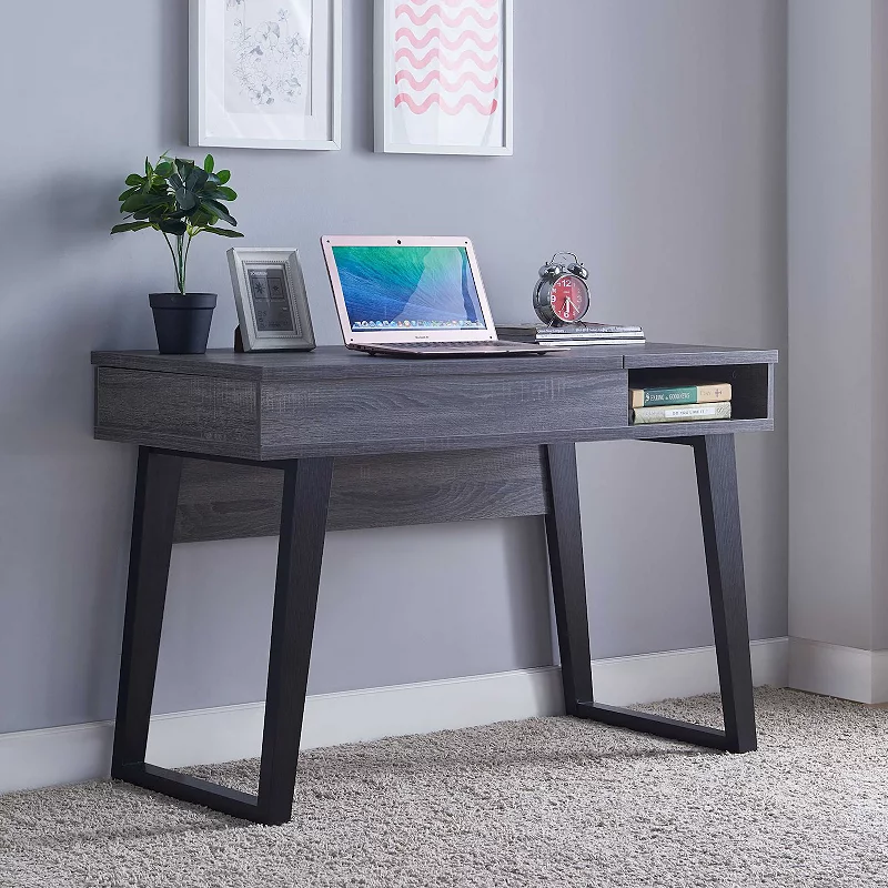 FC Design Distressed Grey and Black Home Office Computer Desk with Extendable Top