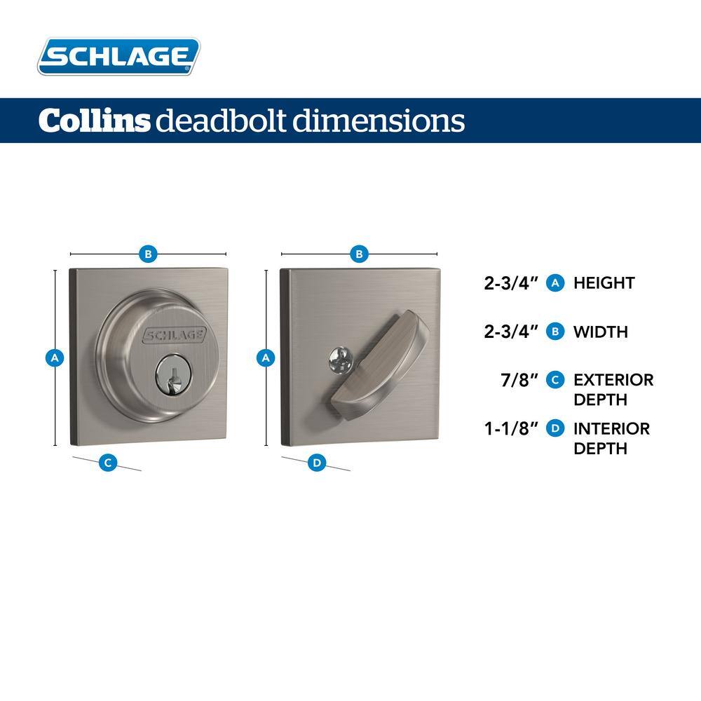 Schlage B60 Series Collins Satin Nickel Single Cylinder Deadbolt Certified Highest for Security and Durability B60 N G COL 619