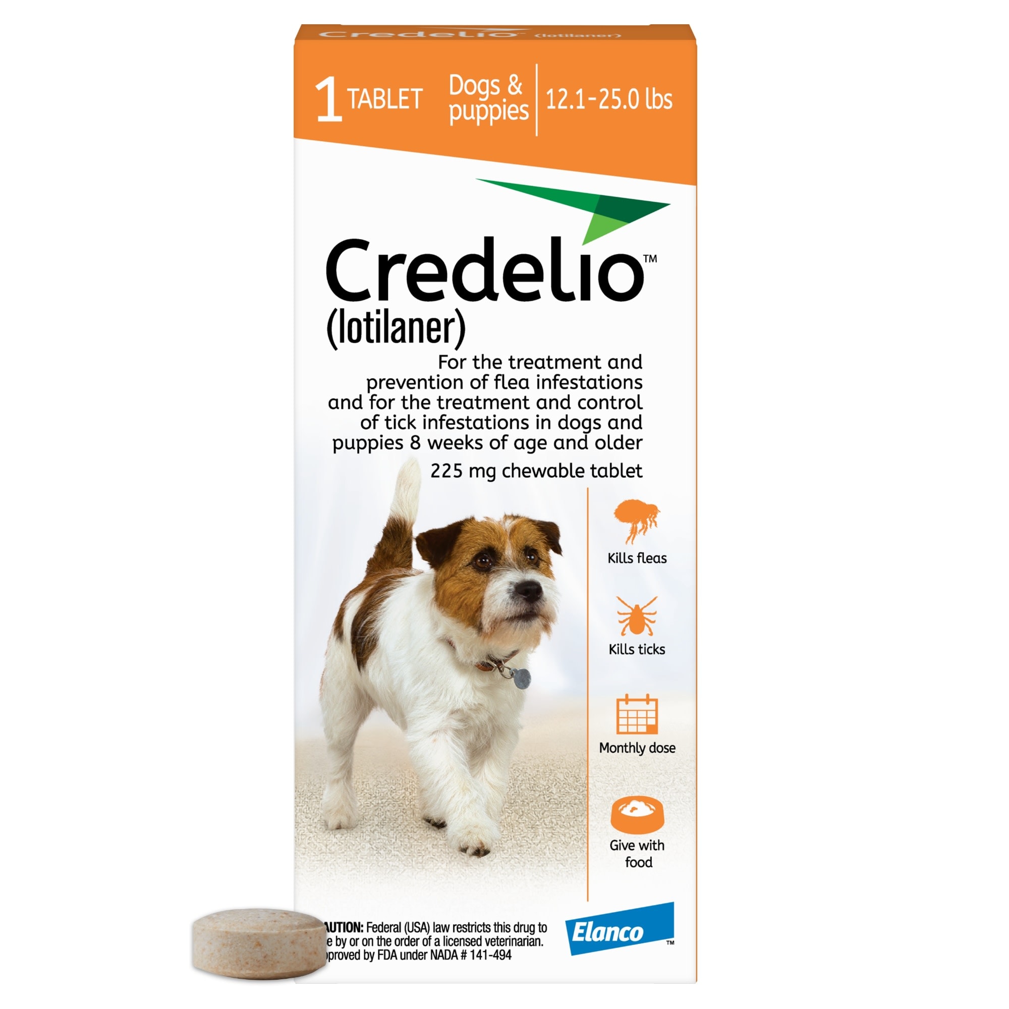 Credelio Chewable Tablets for Dogs 12.1-25 lbs， 1 Month Supply