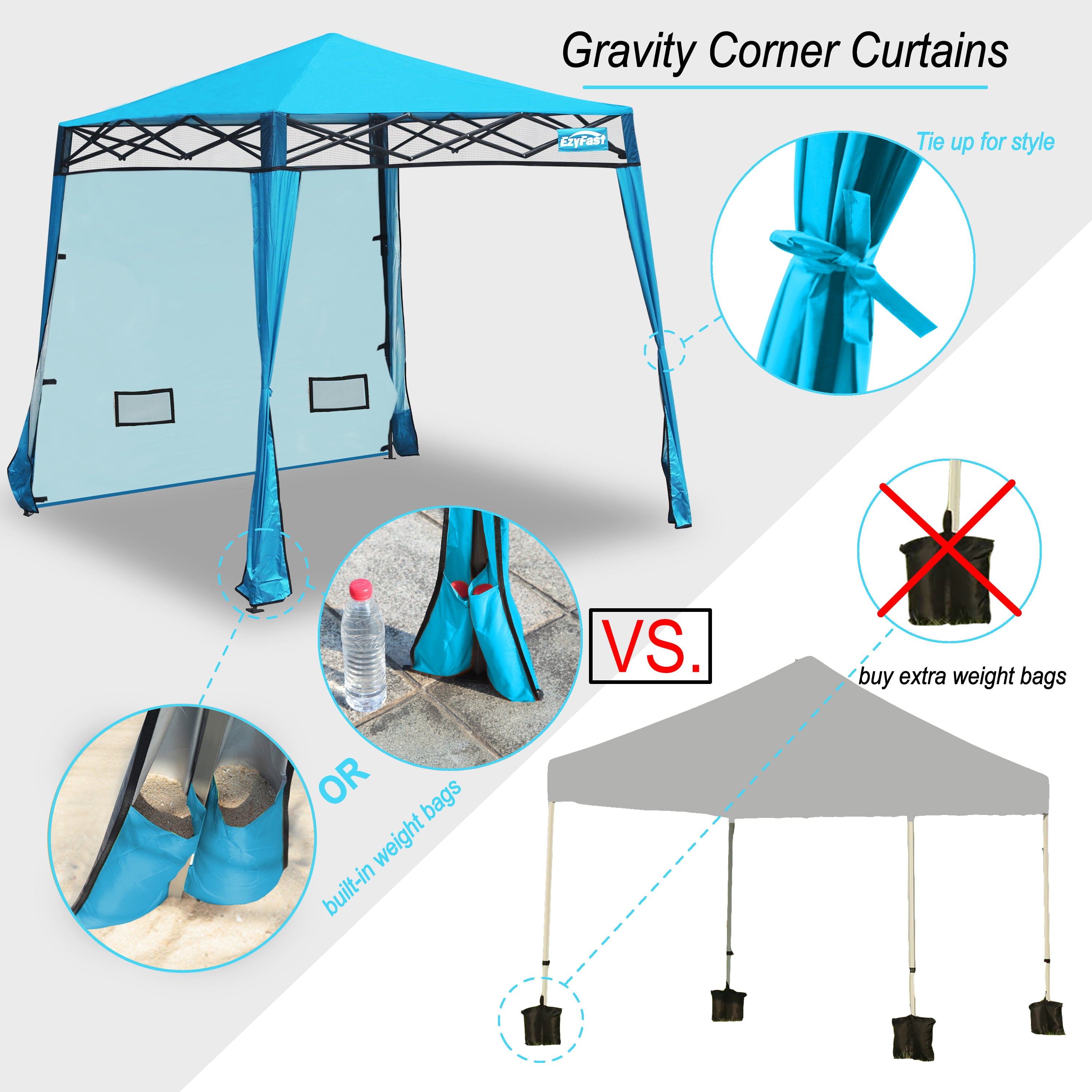 EzyFast Pop up Canopy Tent， Blue Sports  and Beach Cabana with Wall and Built-in Weight Bags， 8'x8' Base/6'x6' Top