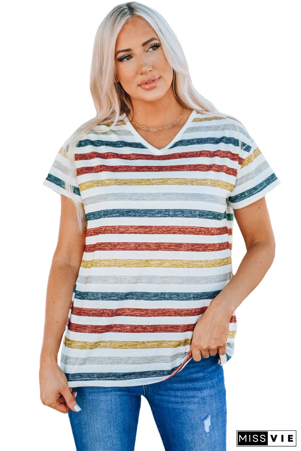 Multicolor Stripes V Neck T-Shirt