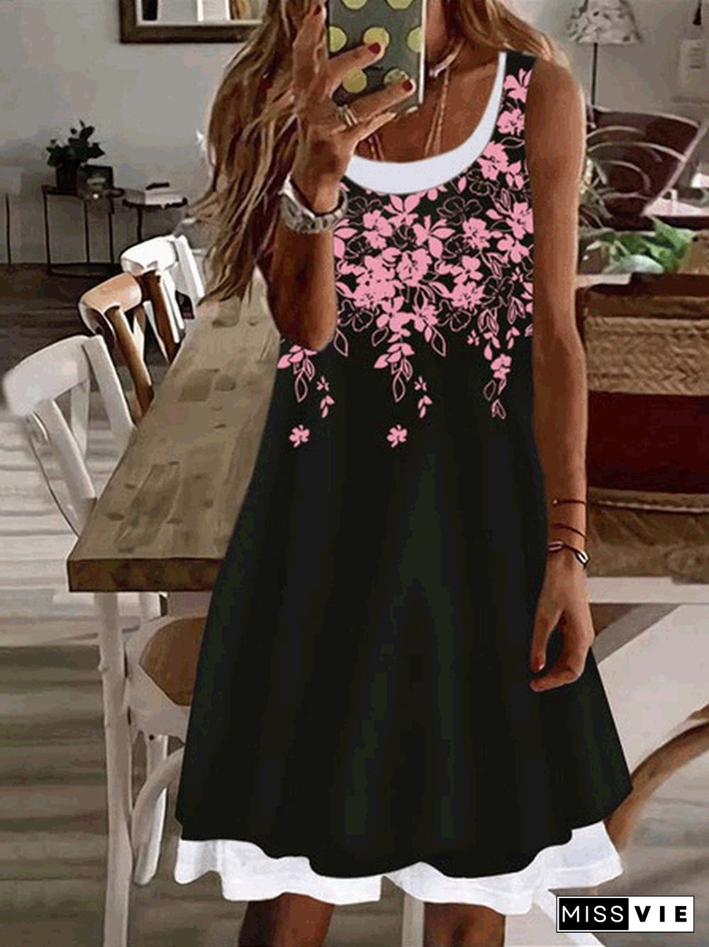 Women'S Dresses Floral Print Crew Neck Sleeveless Dress