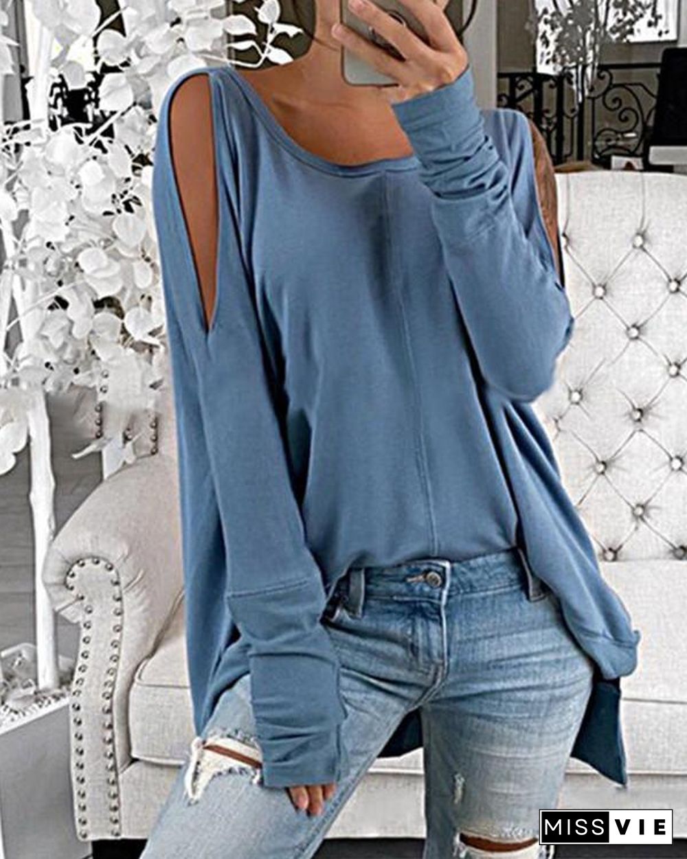 Solid Cold Shoulder Long Sleeves Casual T-shirts