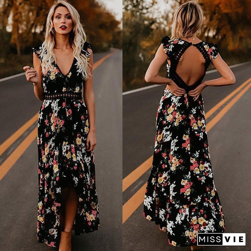 Women's Elegant Sleeveless Boho Floral Maxi Dresses Party Evening Long Dress