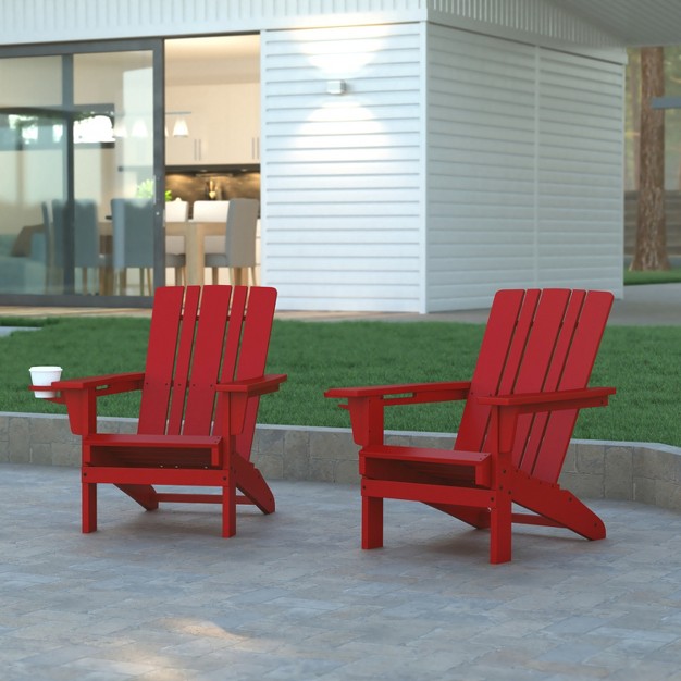 Emma And Oliver Set Of 2 Adirondack Chairs With Cup Holders Weather Resistant Hdpe Adirondack Chairs