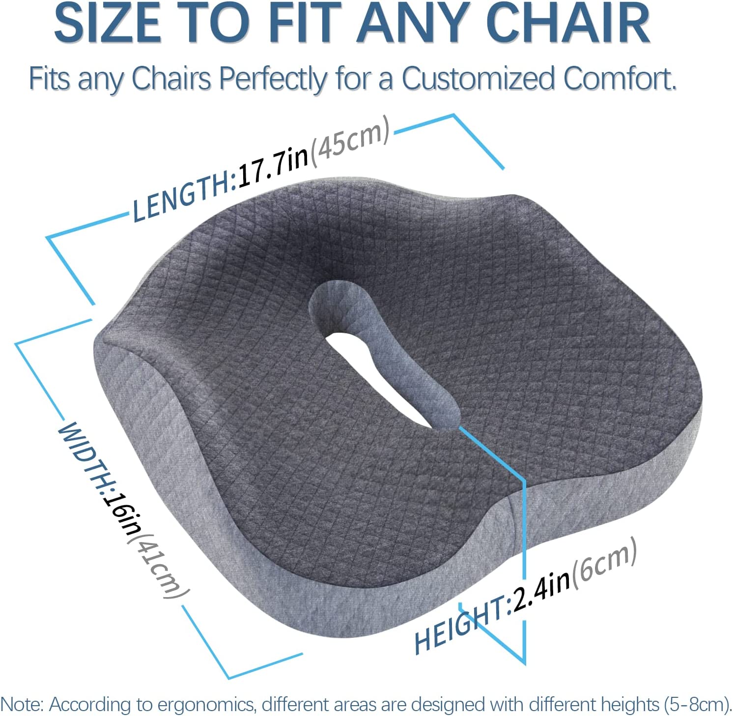 KingPavonini Large Seat Cushion Grey 3D Full Wrap Office Chairs Cushions - Supportive Memory Foam Butt Pillow for Sciatica Pain Relief