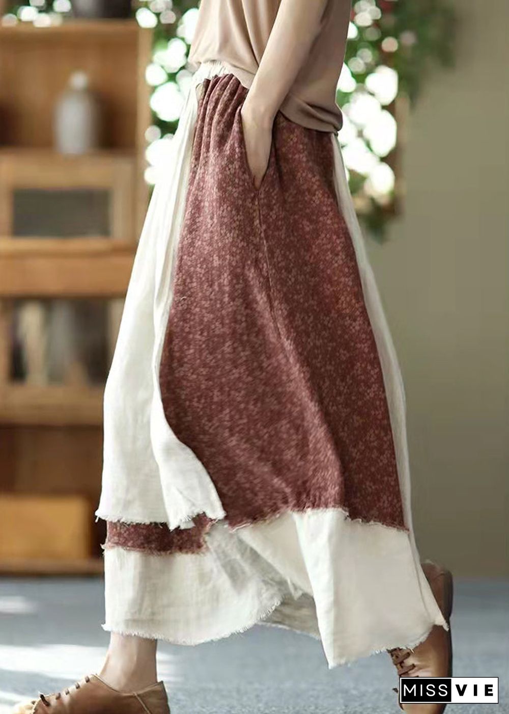 Vintage asymmetrical design elastic waist layered design Pockets Linen Skirt Summer