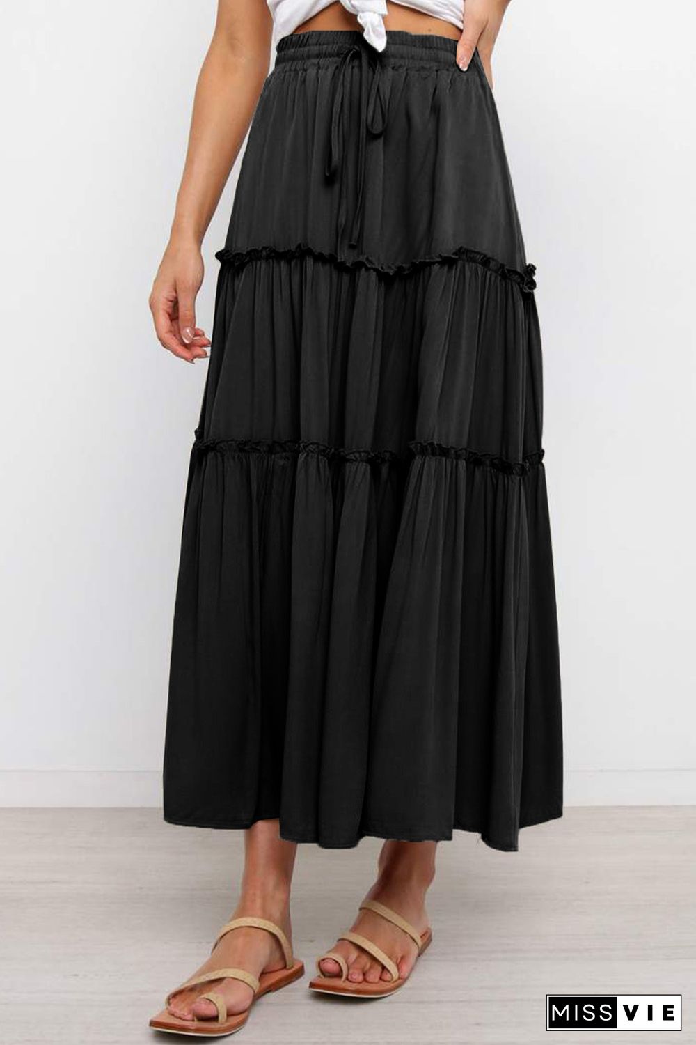 Black Solid Layered Ruffled Drawstring High Waist Maxi Skirt