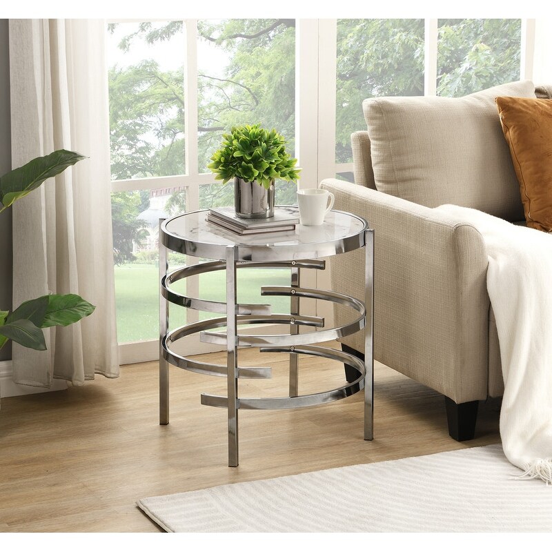 Modern Round End Table with Sintered Stone Top  Chrome/ Silver End Table for Living Room 20.67''W x 20.67''D x 21.65''H