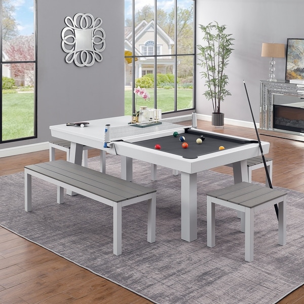 Newport Outdoor Patio 8ft Slate Pool Table 6Seater Dining Set with 4 Benches and Accessories，White Finish