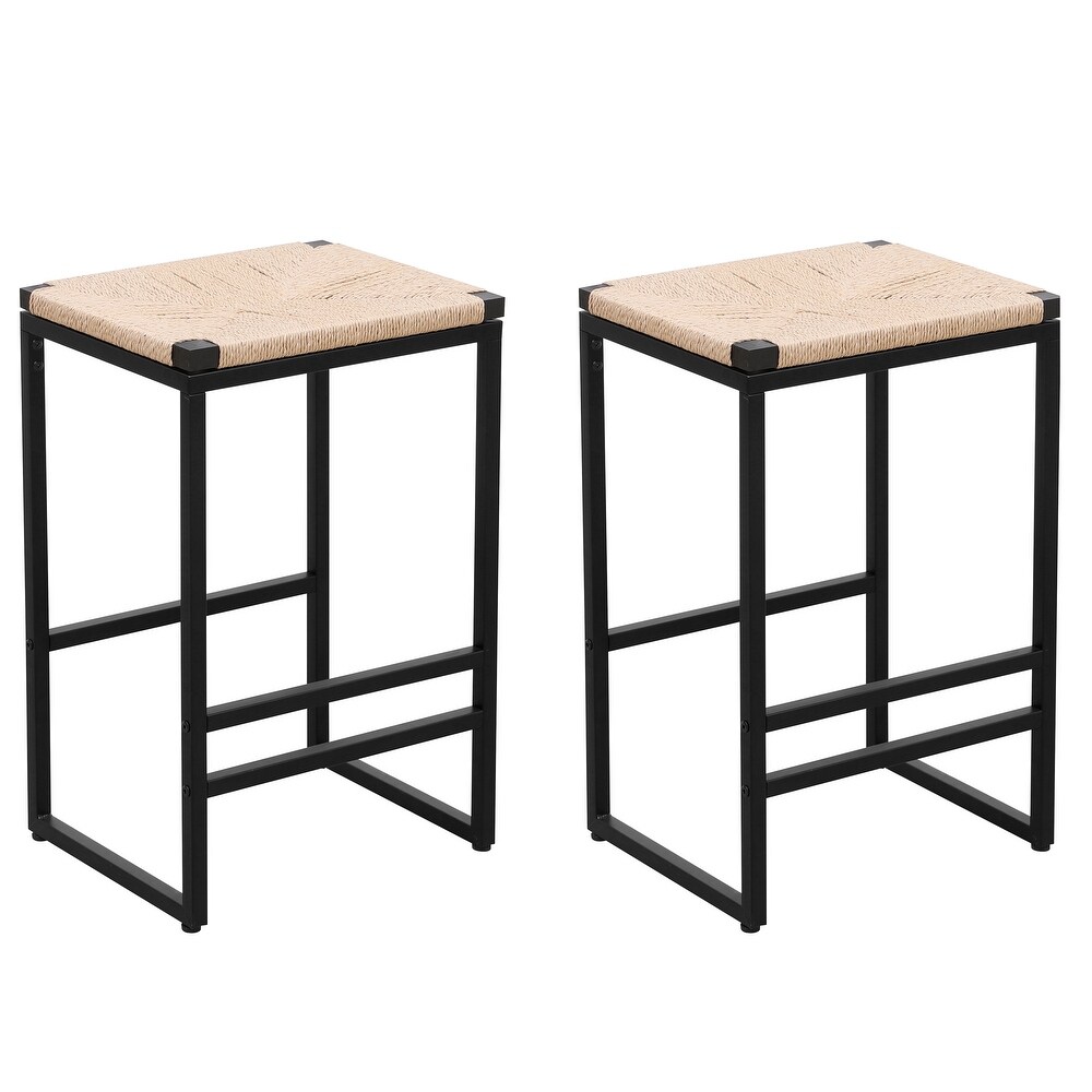 Backless Bar Stools Set of 2  Counter Height Dining Chairs with Paper Rope Woven Upholstered Seat and Black Metal Footrest