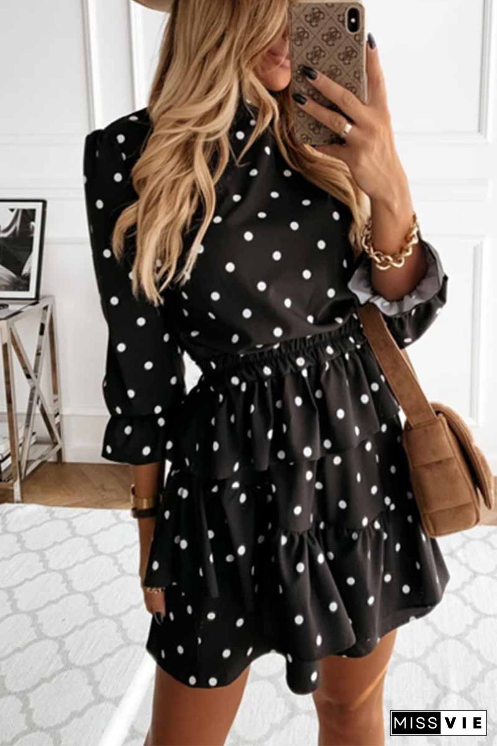 Thin Irregular Lotus Leaf Dot Printing Mini Dress