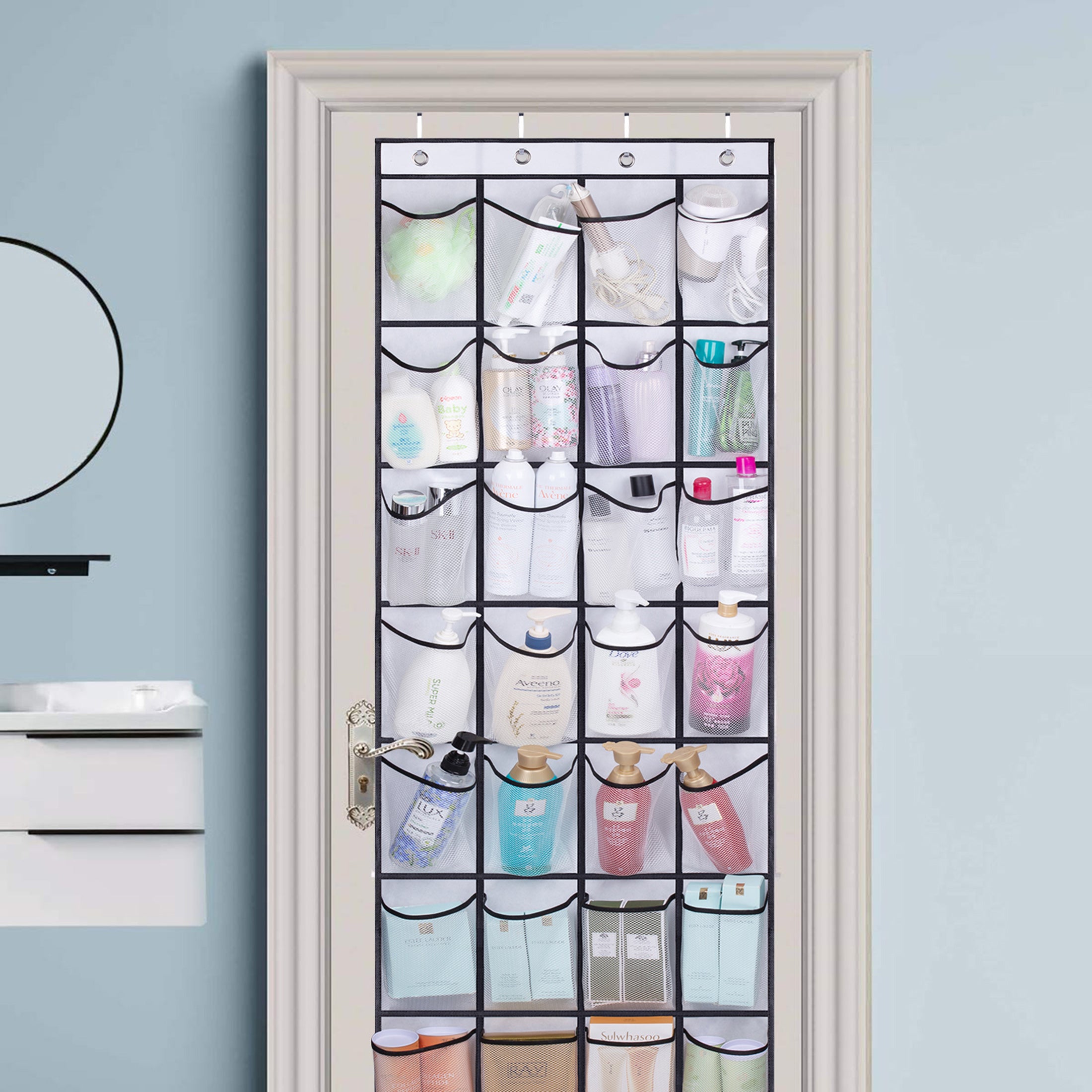 MISSLO Big Pockets Over the Door Shoe Rack Closet Hanging Shoe Organizer with 4 Hooks 28 Pairs Mesh Shoe Holder Hanger， White