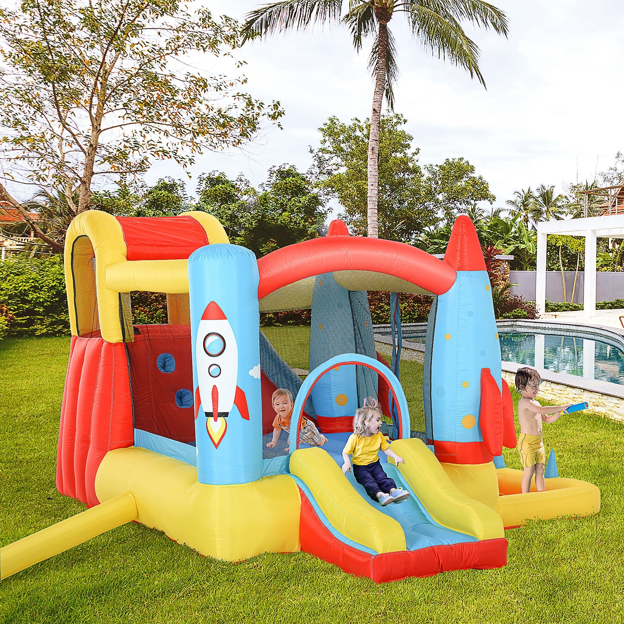 Outsunny 4-in-1 Kids Inflatable Bounce House Jumping Castle with 2 Slides, Climbing Wall, Trampoline, & Water Pool Area, Air Blower