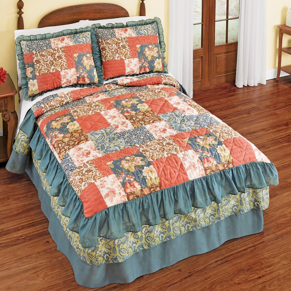 Fall Floral Patchwork Triple Ruffle Bedspread