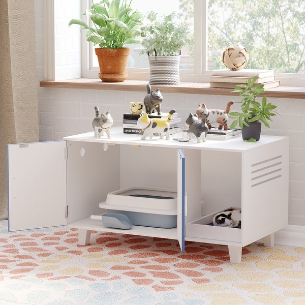 Blue and White Cat Litter Box Enclosure